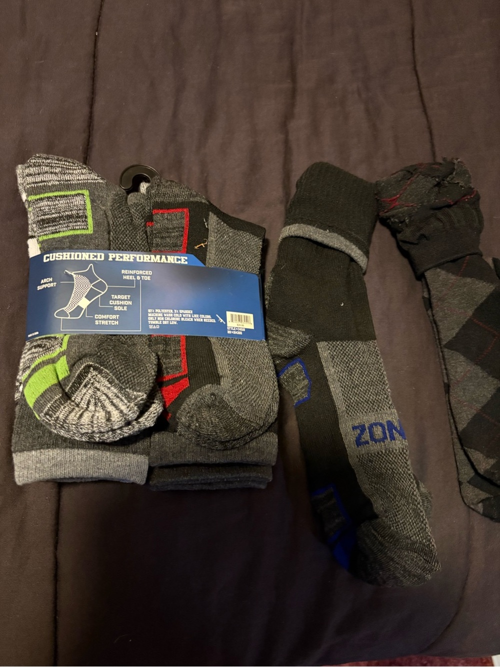 Cushioned Performance Men's Crew Socks - Gray with Green, Red, and Blue Accents